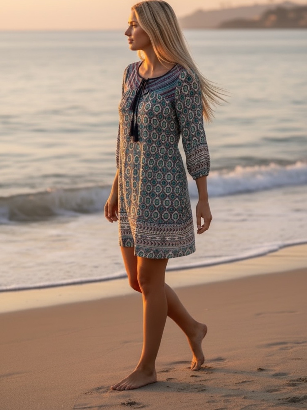 Anthropologie Flying Tomato Teal Navy & Cream Embroidered Boho Dress